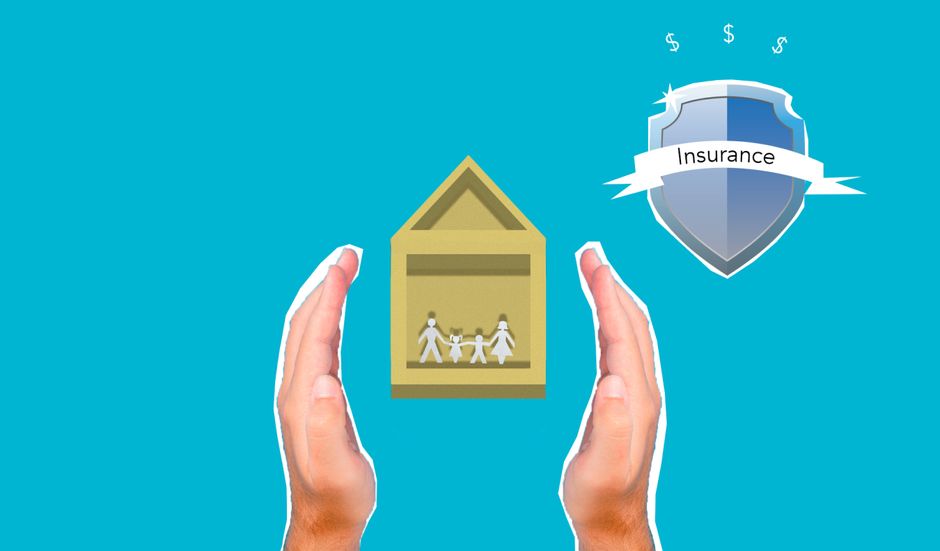 An illustration showing two human hands positioned on either side of a small, stylised house with a family of four inside, representing a home during a removal or relocation process. The house is depi